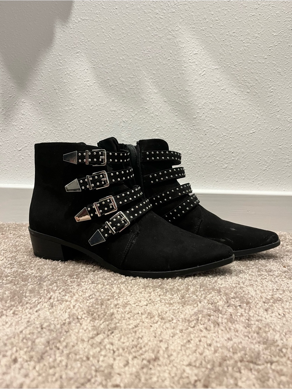 Studded Buckle Ankle Boots - Black